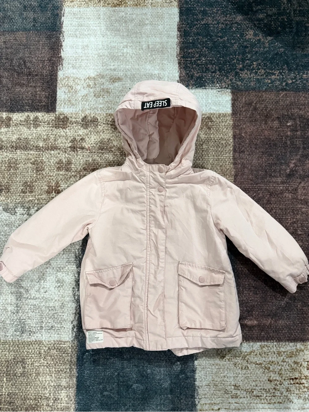 Zara Light Cream Hooded Puffer Jacket with Snoopy Back Graphic